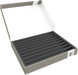 Caja de almacenamiento Feldherr FSLB040 para maquetas de locomotoras, vagones y vehículos ferroviarios - 9 ranuras para ancho N vertical