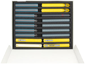 Caja de almacenamiento Feldherr FSLB040 para maquetas de locomotoras, vagones y vehículos ferroviarios - 9 ranuras para ancho N vertical