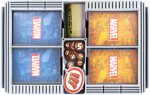 Feldherr Half-Size Estuche 50 + Organizer Insert Bandejas + Tablero para Marvel Champions: El Juego de Cartas - cartas + accesorios