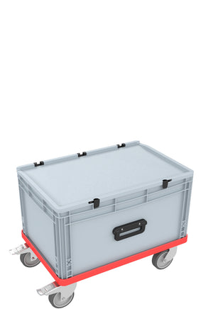 Compact trolley with rubber wheels red and wheel stop for Euro Container up to 600 mm x 400 mm